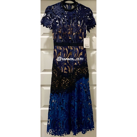 NWT Self Portrait Prairie Midi Dress Navy/Teal - Picture 13 of 17